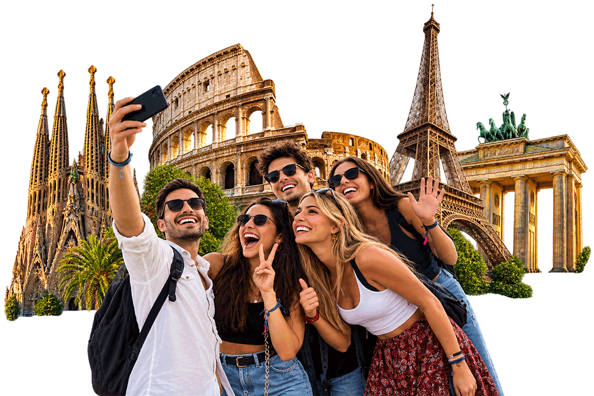 Grupa mladih na putovanju pravi selfi telefon